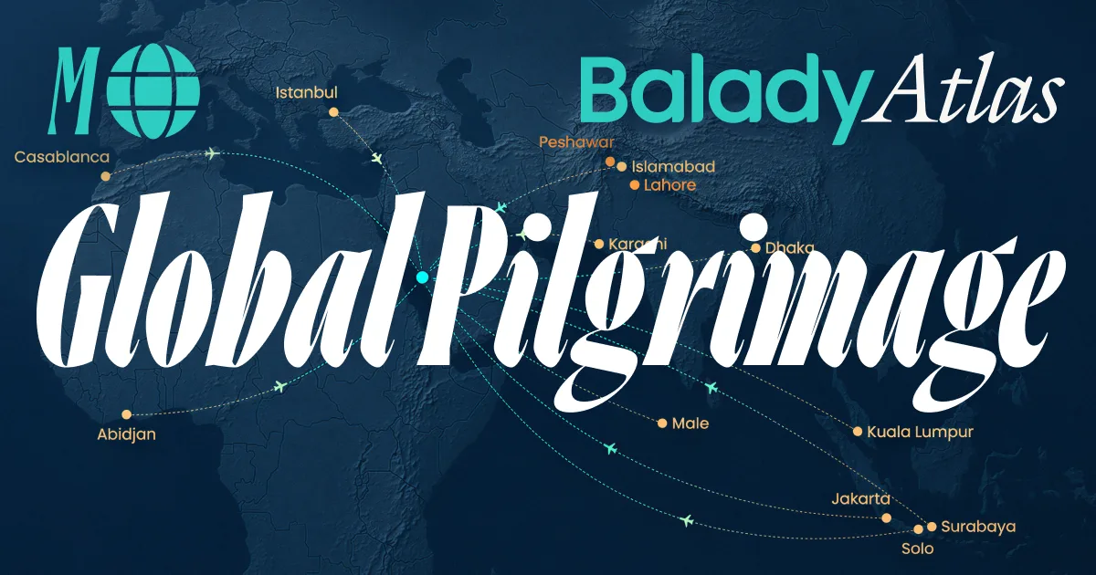 A world map of the flight routes pilgrims take to Mecca
