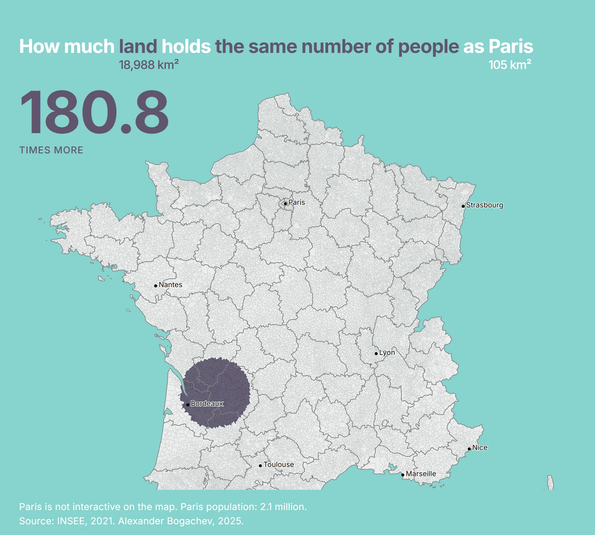 The map with the cursor near Bordeaux, a patch of communes holding as many people as Paris