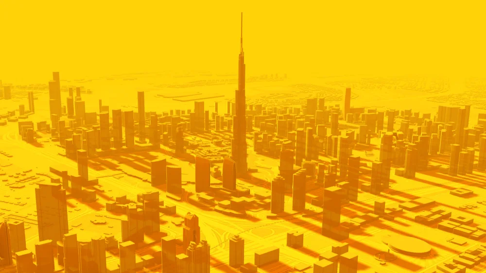 A 3D model of Dubai in yellow, every tower throwing a long shadow