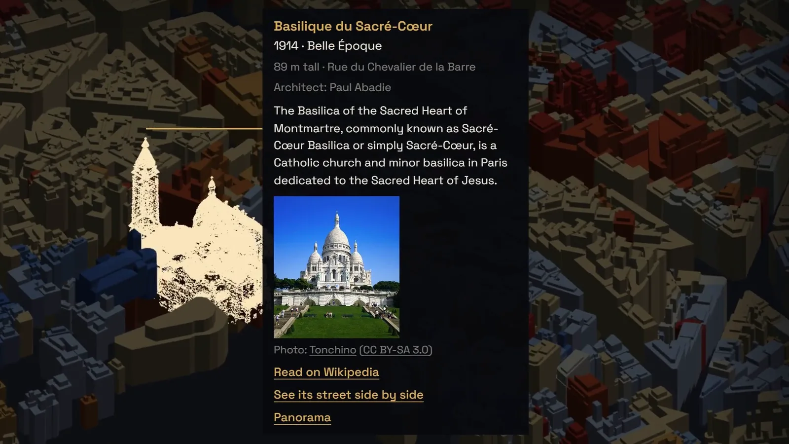 The card for the Sacré-Cœur, with its photo, year and architect