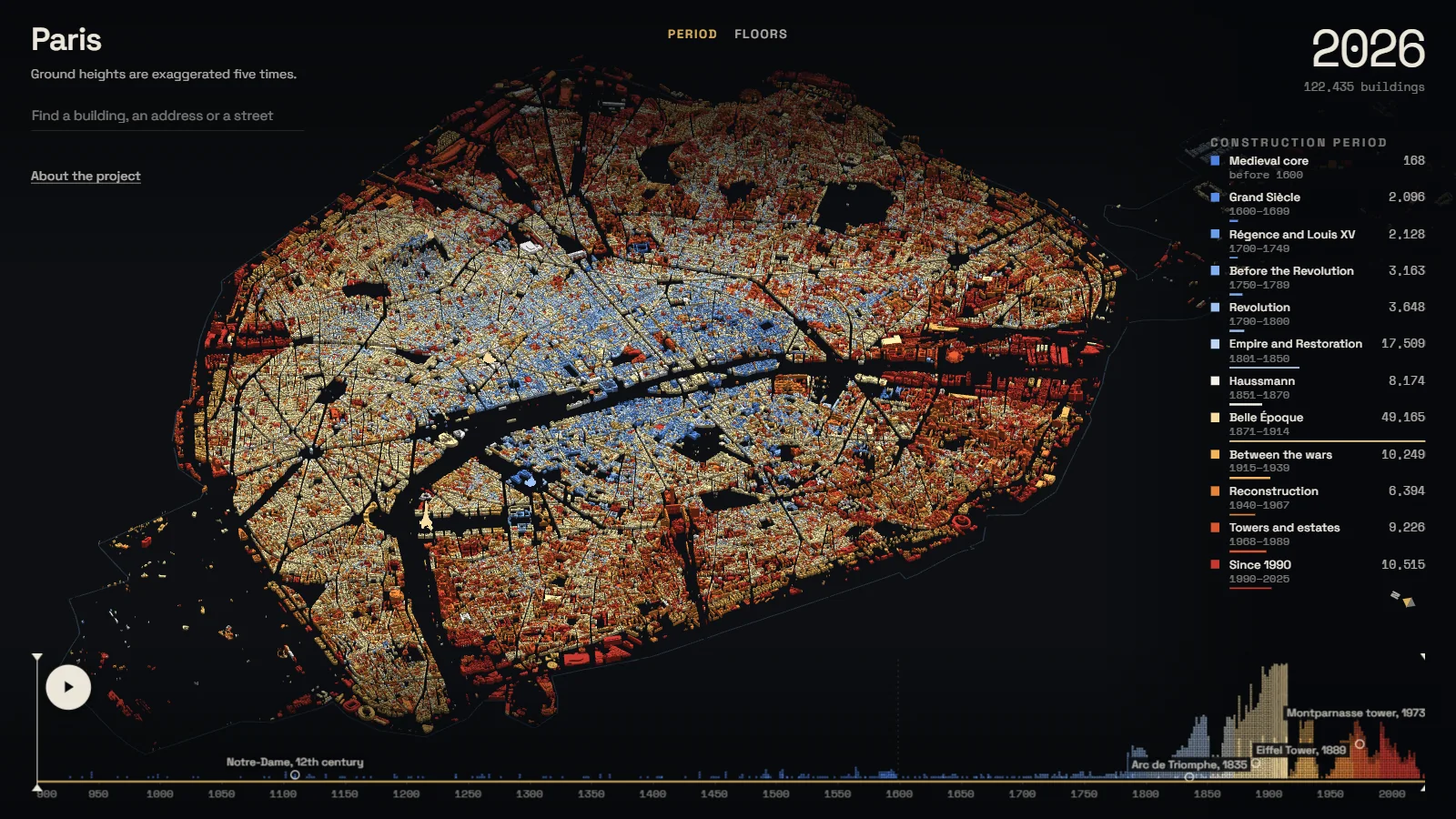 The main view, all of Paris coloured by construction period, the legend and the timeline