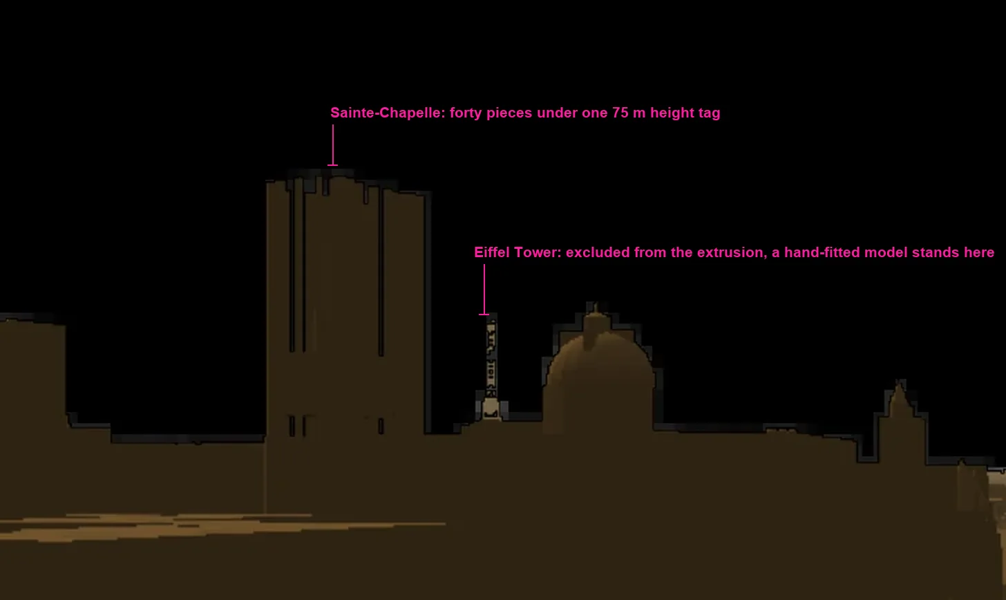 Paris assembled from OpenStreetMap: the tower and the neighbouring boxes, labelled on top in a contrasting colour
