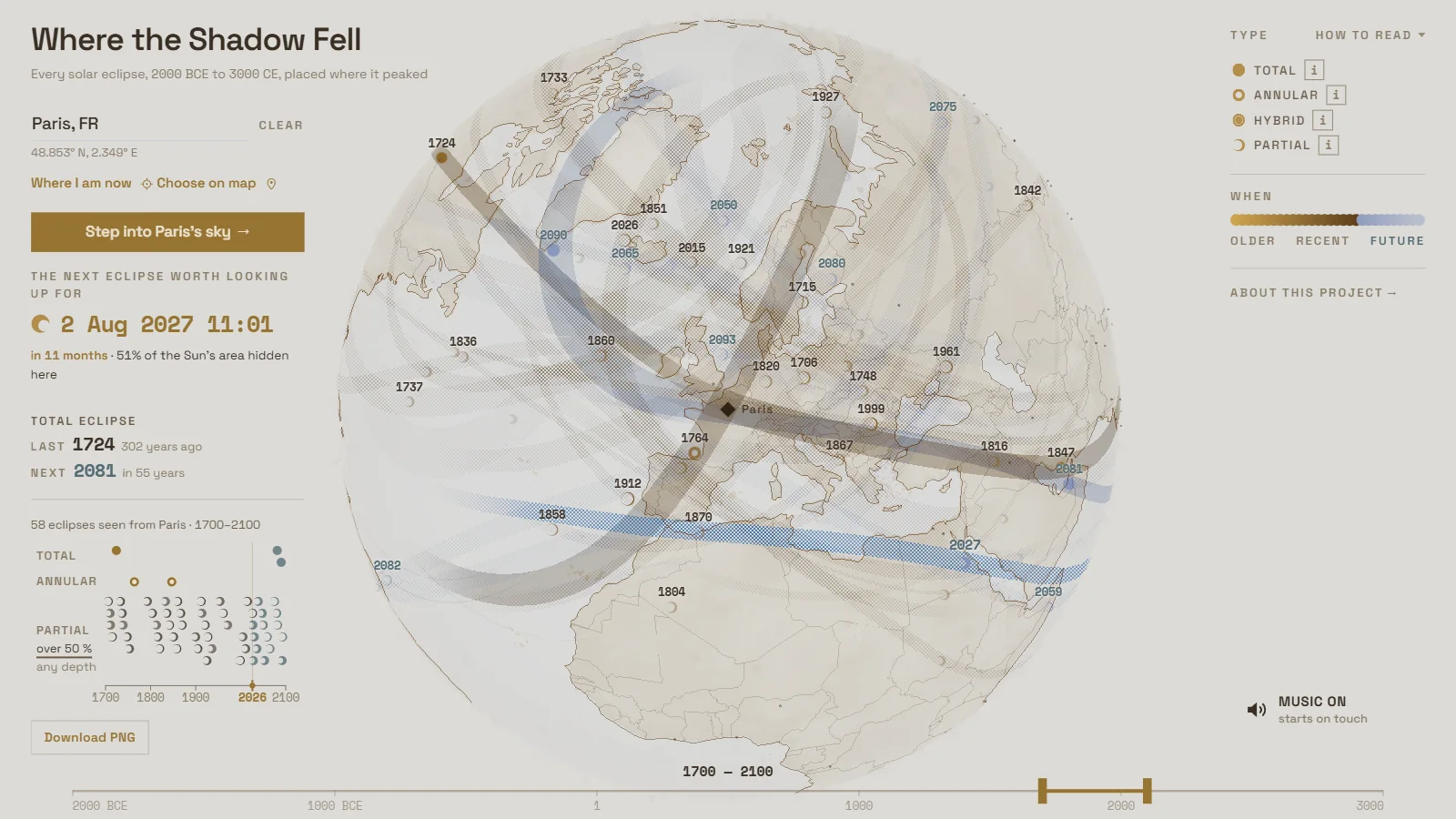Paris selected on the globe, with the card listing its next eclipse