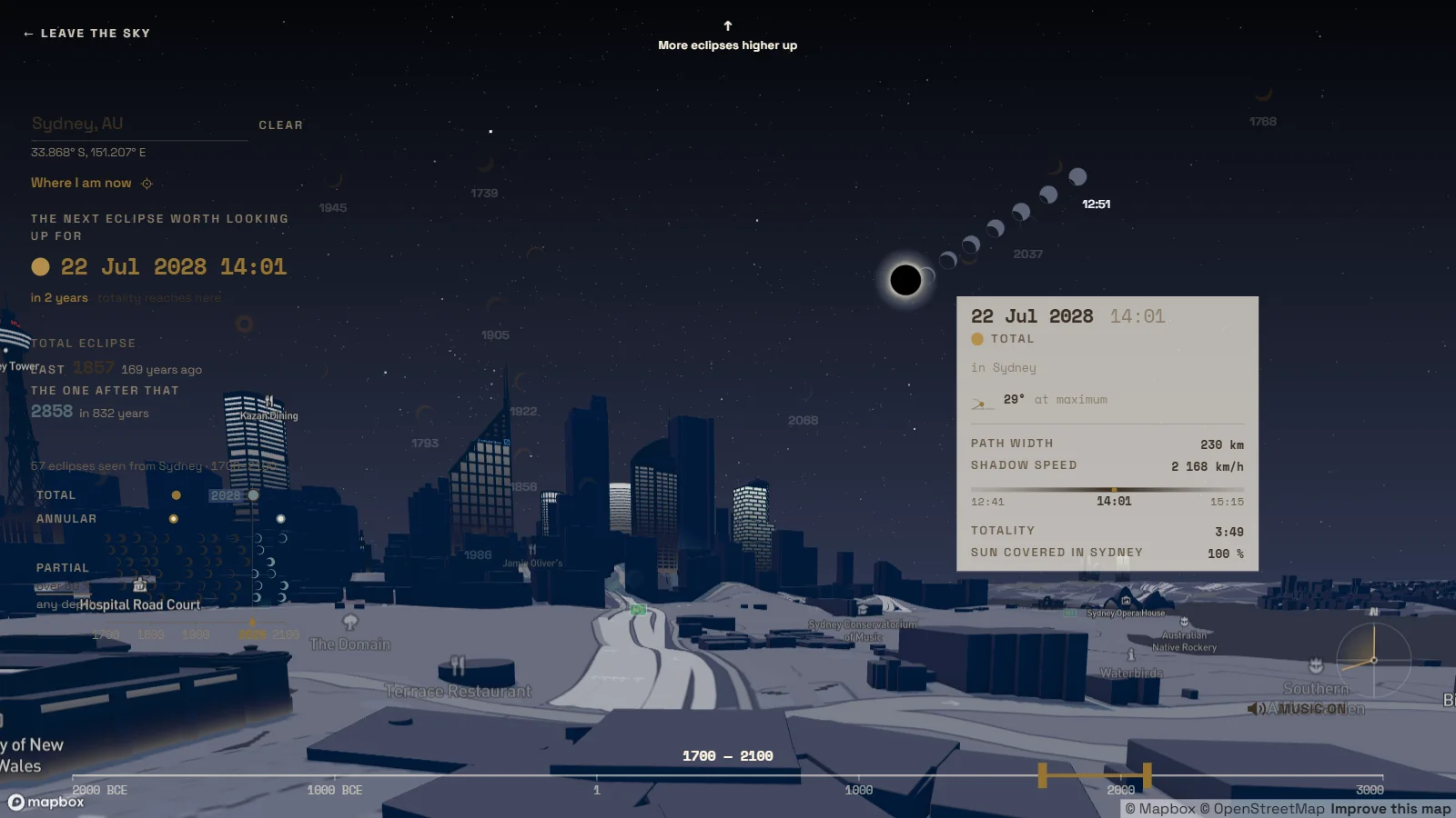 City Sky over Sydney at totality, the 2028 eclipse crossing the dark sky in phases