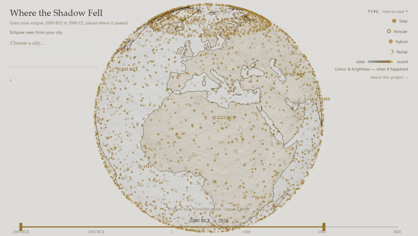 The globe of eclipses on 25 July 2026