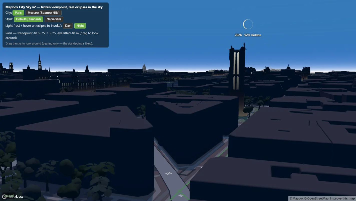 Real 3D Paris at night with the 2026 eclipse in the sky