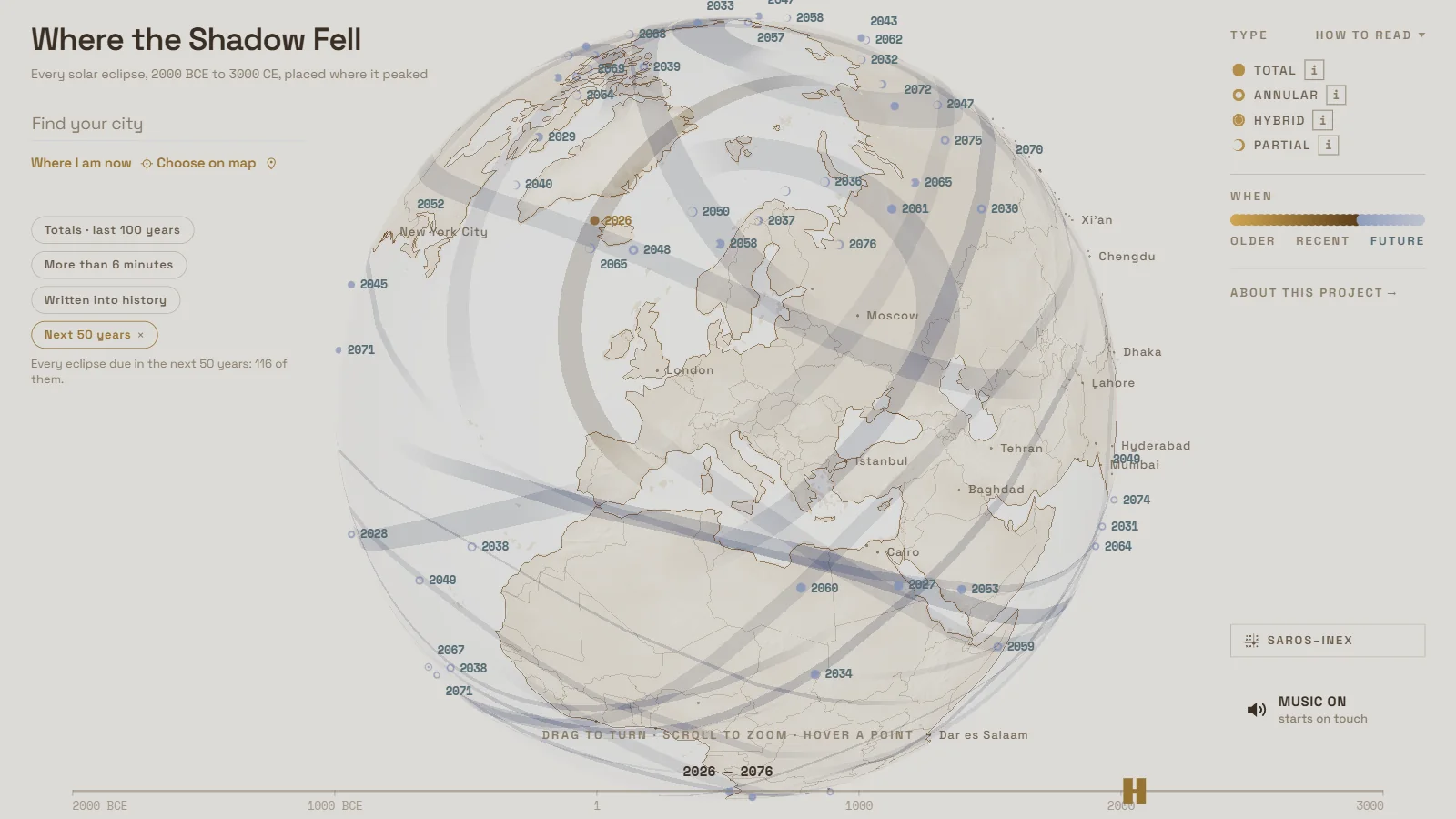 The globe with the Next 50 years view selected, each eclipse labelled with its year