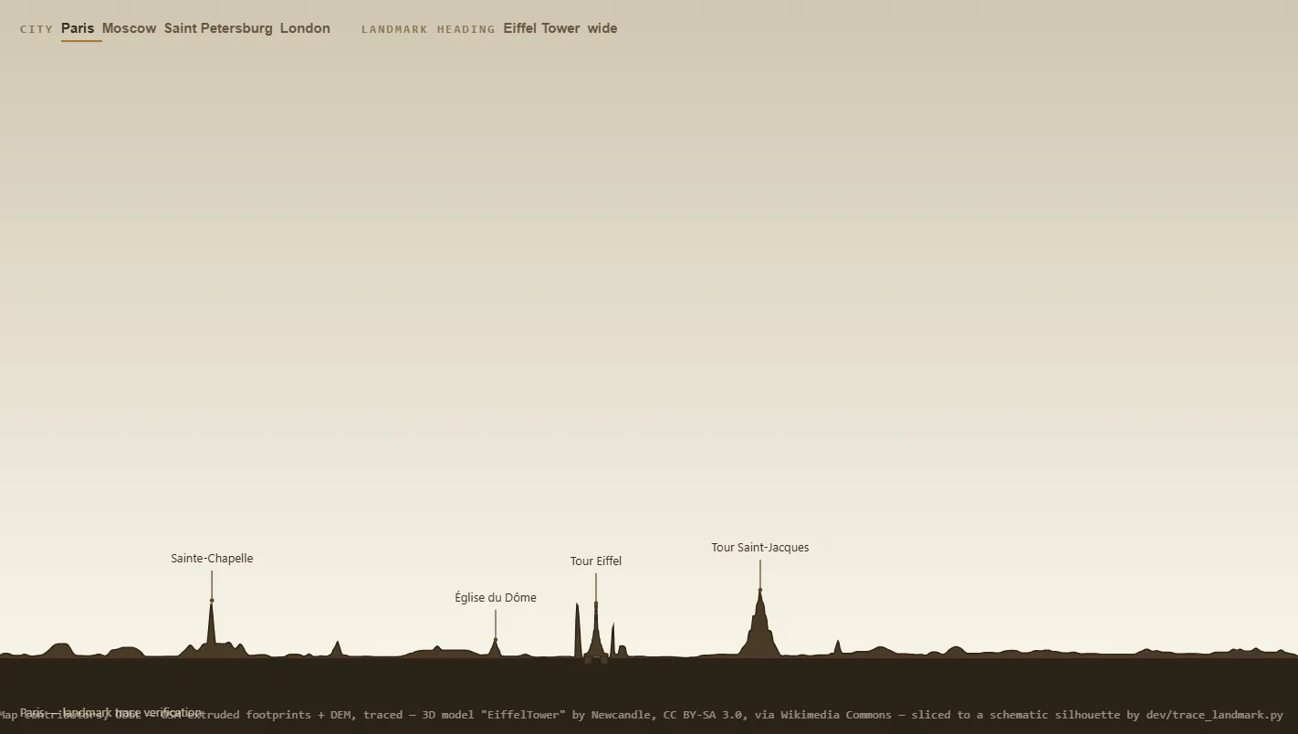 The Eiffel Tower as a traced silhouette, three broken peaks