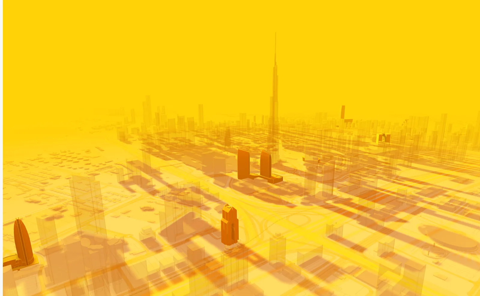 A lower, closer render of Downtown Dubai in yellow, shadows crossing the roads