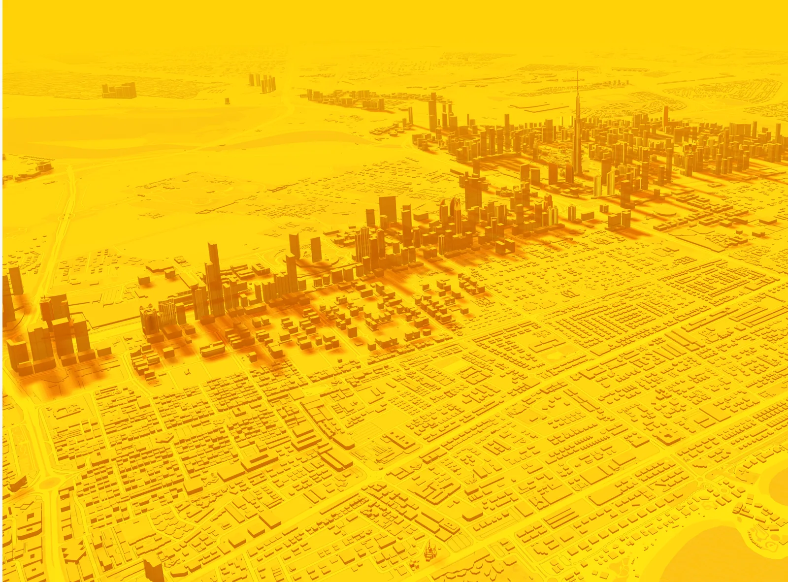 Dubai rendered in one yellow from high above, every tower throwing a long shadow