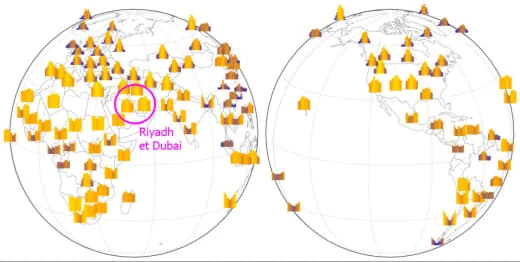 Two hemispheres with the sunshine strips standing on their cities, Riyadh and Dubai circled